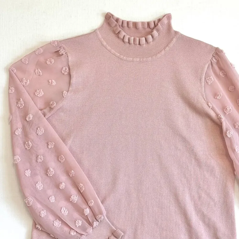 ADRIANNA PAPELL Swiss Dot Sheer Sleeve Sweater Women's Size L Dusty Pink - Picture 3 of 12